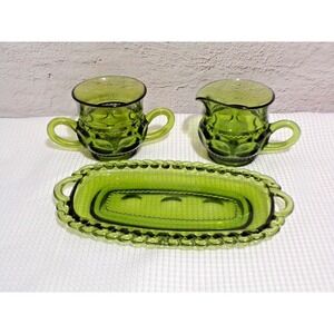 Vintage King's Crown Avocado Green Dimple Creamer, Sugar‎ and Butter Dish